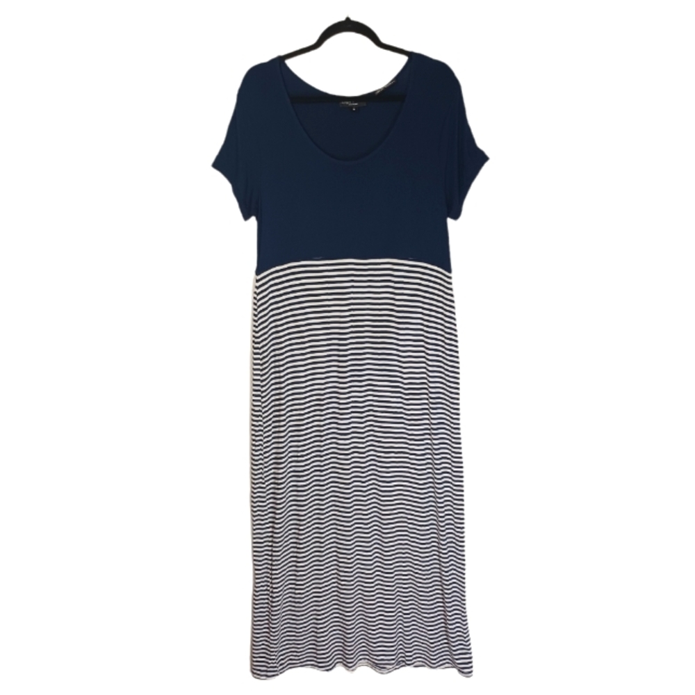 NEWPORT NEWS Global Exclusive Navy Blue White Stripe Short Sleeve Maxi Dress L